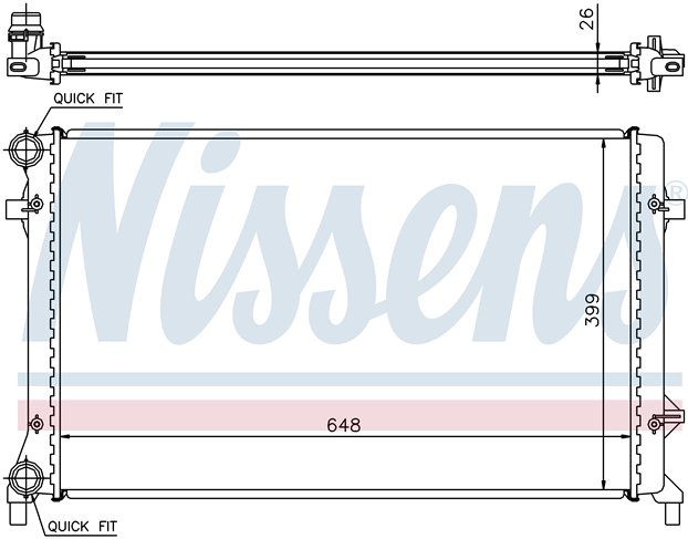 Радиатор охлаждения двигателя (Nissens) VW Touran/Golf V (03-)/Caddy (04-)/Jetta/Passat (05-)/Eos (06-), 1.4-2.5 ; AUDI A3/S3 (03-)/SEAT Altea/Toledo (04-)/Leon (05-), 2.0 ; SKODA Octavia (04-), 1.6, M/A +/-;